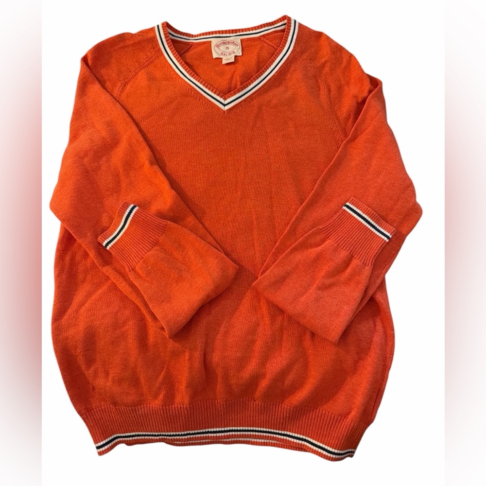 Brooks Brothers Men’s S Orange Cotton Wool V Neck Sweater Preppy Tennis Stripe